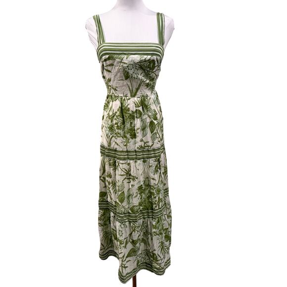 Sweet Wanderer Green White Floral Botanical Tiered Midi Dress Summer Chic Medium - Picture 2 of 9